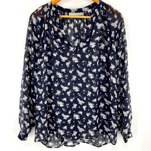 Vince 100% Silk Navy Blue White Floral Semi Sheer V Neck Blouse Size Medium